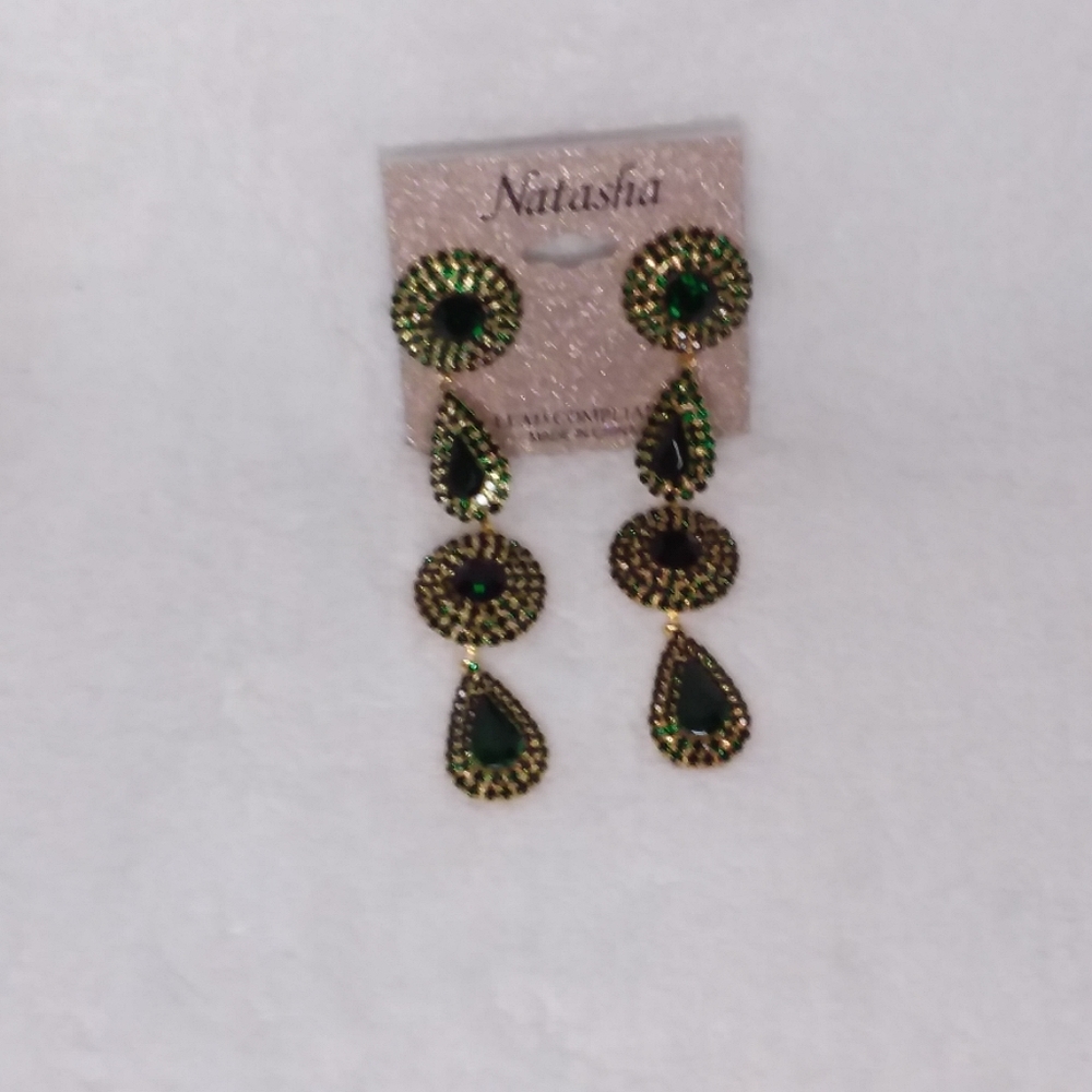 Dangle Pierce Earrings Green Rhinestone Gold Tone Natasha